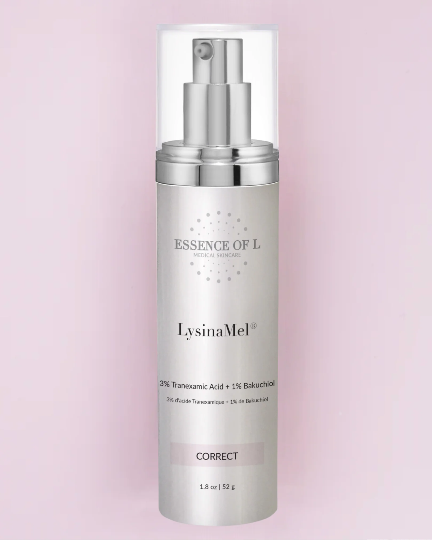 The image shows a white pump bottle of face cream. The bottle has a silver pump top and a white label with the following text:
ESSENCE OF L MEDICAL SKINCARE
LysinaMel
3% Tranexamic Acid + 1% Bakuchiol
3% Acide Tranexamique + 1% de Bakuchiol
CORRECT
1.8 oz | 52 g